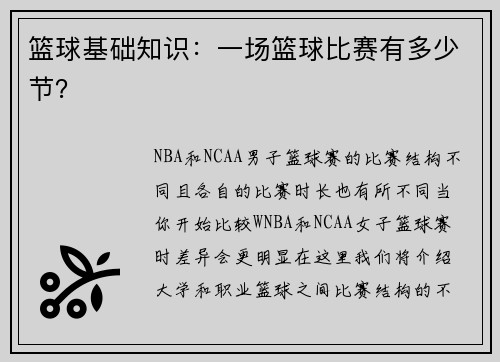 篮球基础知识：一场篮球比赛有多少节？